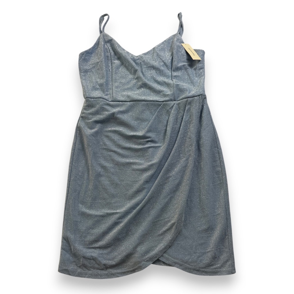 Francesca's Light Blue Metallic Shimmer Tulip Mini Dress V-Neck Size L NWT